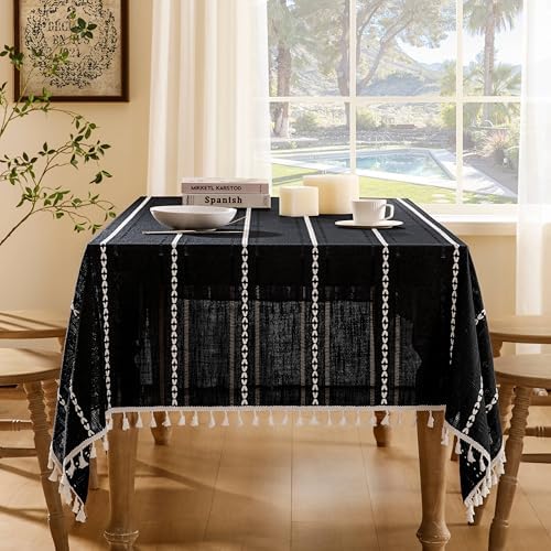 ZeeMart Hemstitched Embroidery Striped Boho Tablecloth 60x84 Inch Black, Heavy Weight Farmhouse Burlap Linen Black Tablecloth, Wrinkle Resistant Washable Table Cloth for Rectangle Table ﻿