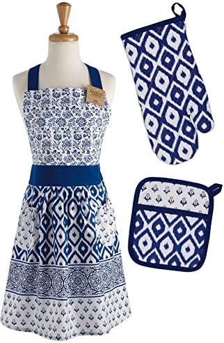 DII Kitchen Gift Set Collection, Apron, Pot Holder & Oven Mitt, Blue Market, 3 Piece