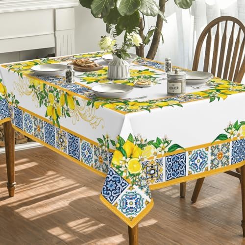 Horaldaily Summer Tablecloth 60×84 Inch Rectangular, White Yellow Lemon Vintage Pattern Washable Table Cover for Party Picnic Dinner Decor