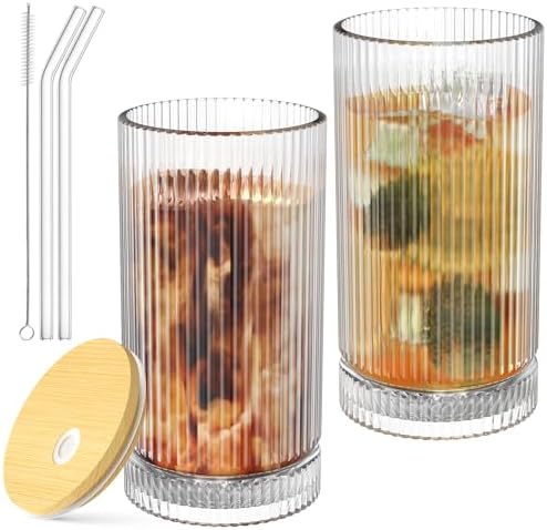 15 Oz Glass Cups with Lid and Straw, Iced Coffee Cups with Lid, Vintage Glassware for Whiskey Cocktail Beer (2 PACK)