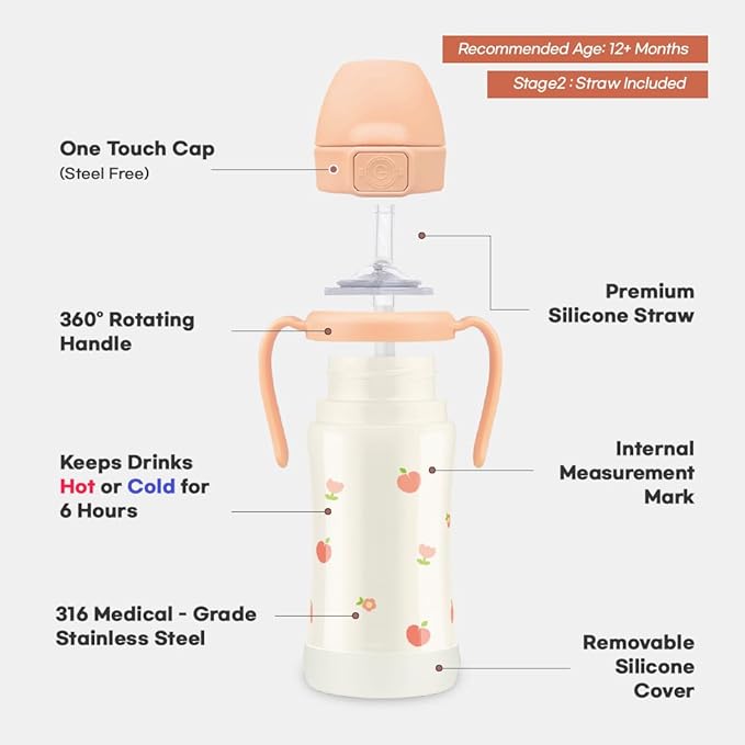 GROSMIMI Insulated 316 Stainless Steel Spill Proof Straw Cup, Water bottle with Flip Top for Toddlers, BPA Free (cherry, 10oz)