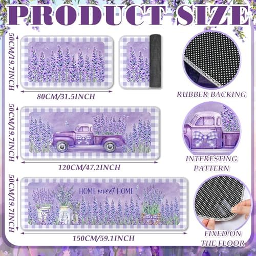 Purple Kitchen Rugs Set of 3 Lavender Kitchen Rug Purple Floor Mats Lavender Decor Area Rug for Farmhouse Home Accessories Stuff,20 x 32, 20 x 47 and 20 * 59 Inch