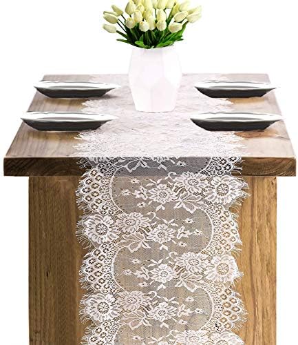 10 Pcs White Lace Table Runners 14 x 120 Inch for Wedding Bridal Shower Baby Shower Party Table Decoration, Rustic Rose Embroidered Boho Table Runner