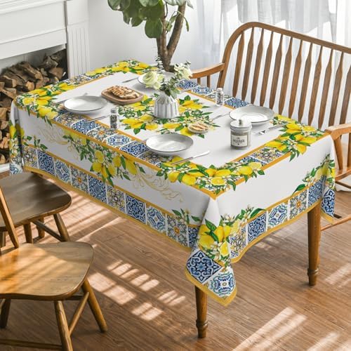 Horaldaily Summer Tablecloth 60×84 Inch Rectangular, White Yellow Lemon Vintage Pattern Washable Table Cover for Party Picnic Dinner Decor