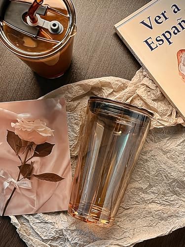 15oz Glass Tumbler with Straw and Lid, Cute Iced Coffee Cups, Aesthetic Glass Cups, Coffee Tumbler, Water Cup, Matcha Cup, Drinking Glasses (Amber)
