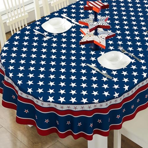 Fourth of July Oval Tablecloth Memorial Day Patriotic Table Cloth American Flag, Stars Table Cloths for Indoor and Outdoor Kitchen Dining-60 x84