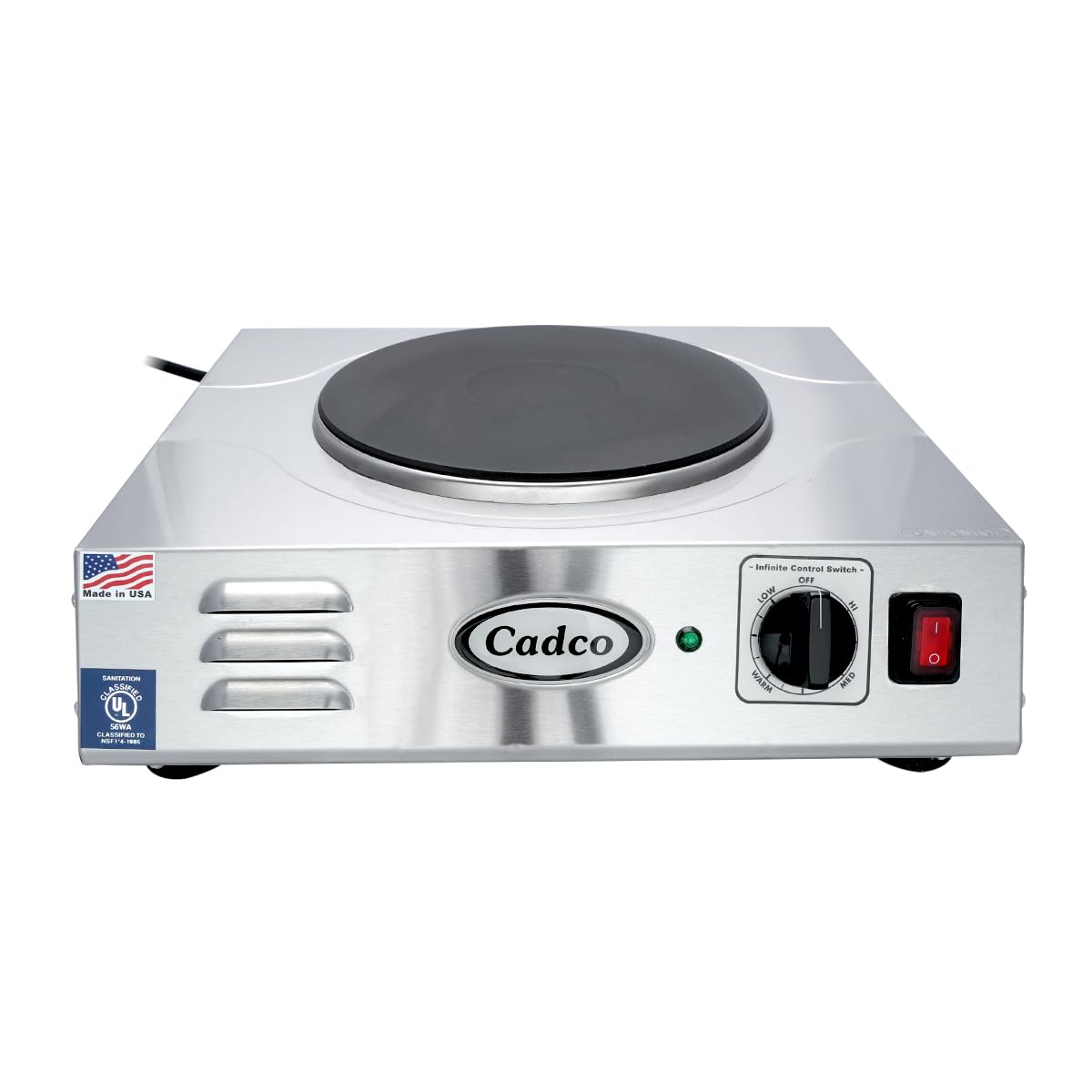 Cadco LKR-220 15-1/2" Electric Portable Countertop Hot Plate, (1) Cast Iron Burner for Restaurant Hotel Food Truck Concession Kiosk, Stainless Steel, 220v