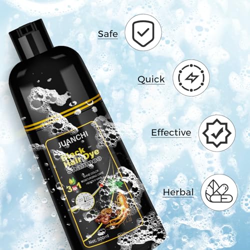 JUANCHI Black Hair Dye Shampoo 3 in1, Black Shampoo Hair Dye for Gray Coverage, Natural Hair Color for Women Men, Herbal Formula, Ammonia-free, Lasts 30 Days, 500ml (16.90 oz)