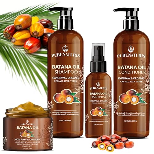 100% Natural Raw Organic Batana Oil Sulfate-Free Complete Hair Growth , Anti-Hair Loss & Repair System Kit – Shampoo, Conditioner, Hair Mask, & Leave-In Spray | Thickness & Prevents Loss for Men Women
