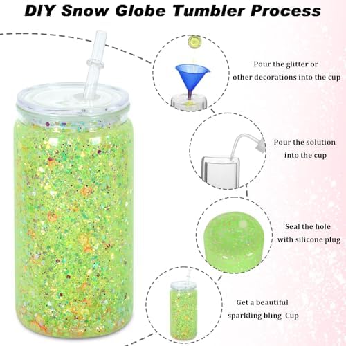 16 oz Plastic Snow Globe Tumbler, 4 Pack Double Wall Snowglobe Tumbler with Pre Drilled Hole, Plastic Mason Jar Cups Can for Snow Globe Glitter DIY (Clear)