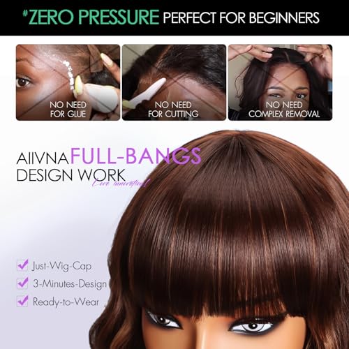 Short Wavy Bob Wig with Bangs Caramel Reddish Brown Curly Hair Wigs for Women Realistic Shoulder Length Style Synthetic Heat Resistant Wig for Everyday Hairstyle 16 Inch