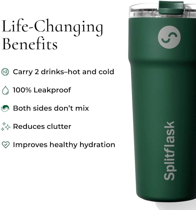 Splitflask Dual‑Chamber 30‑oz Travel Mug – Vacuum Insulated Stainless‑Steel Hot & Cold Tumbler, Leak‑Proof Lid, Cup‑Holder Friendly, BPA‑Free.