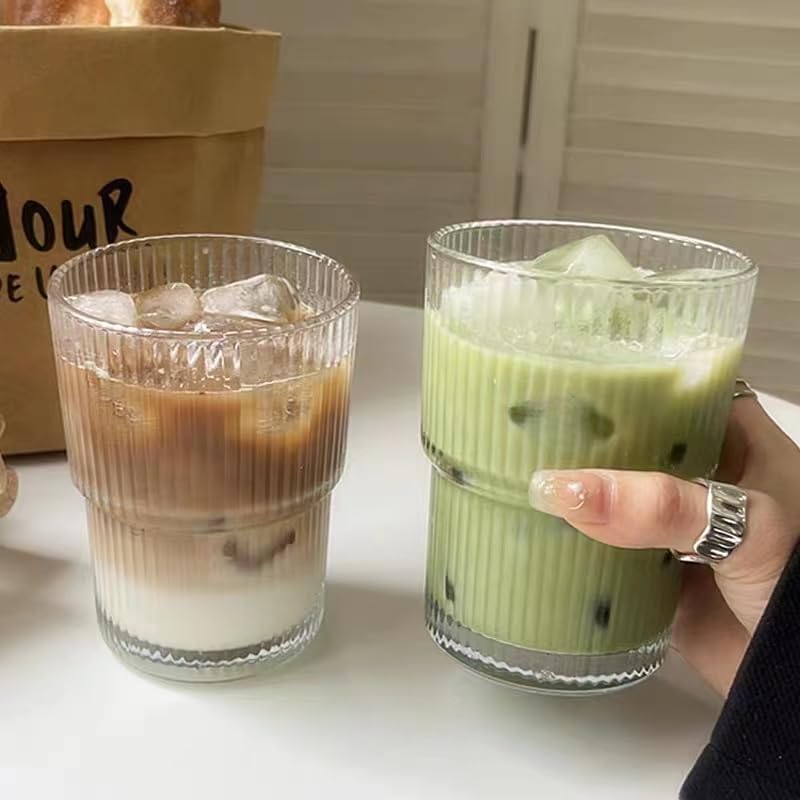 13OZ/400ML Ice Coffee Glass Tumbler, Thick Wall Water Glass Cup Mug Tea with Straw and Lid Sealed Carry On （Clear）