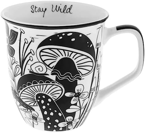 Karma Gifts 14 oz Black and White Boho Mug Mushroom - Cute Coffee and Tea Mug - Ceramic Coffee Mugs for Women and Men