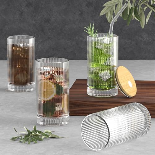 15 Oz Glass Cups with Lid and Straw, Iced Coffee Cups with Lid, Vintage Glassware for Whiskey Cocktail Beer (2 PACK)