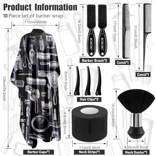 NICEMOVIC 10 in 1 Hair Cutting Barber Cape with Neck Duster Brush Barber Brush Neck Strips Hair Combs Hair Clips, Professional Barber Accessories Cleaning Supplies for Salon Haircut Styling