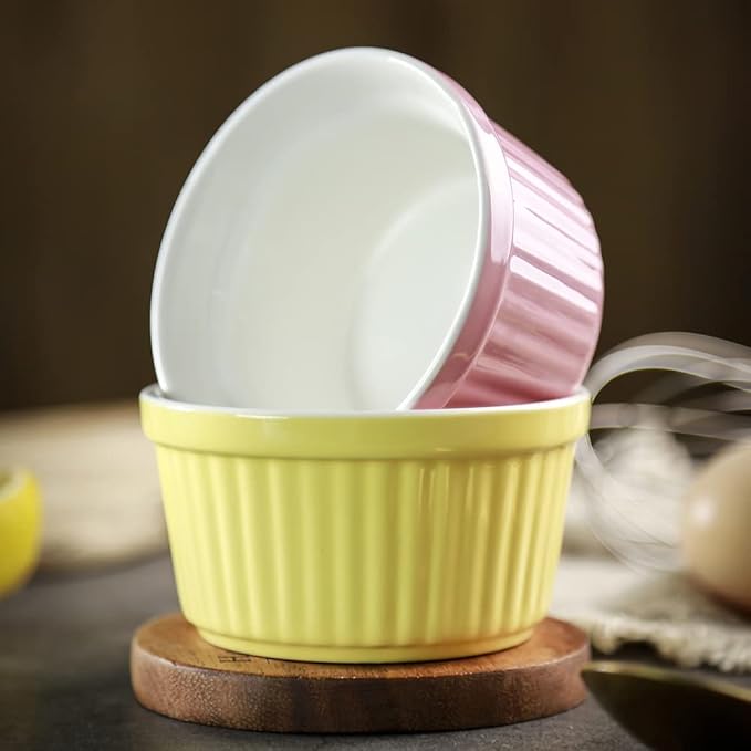 Ramekins 6oz Oven Safe,Creme Brulee Ramekin and Souffle Dishes,Porcelain Baking Bowls,Dipping Sauce Dish.Pudding Cups,Set of 6, White