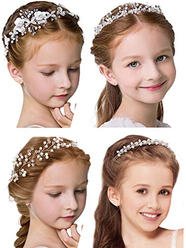 WILLBOND 4 Pcs Flower Girl Headband Flower Girl Hair Accessory Silver Wedding Headpiece Princess Crystal Pearl Headband for Wedding Birthday First Communion Party Photography