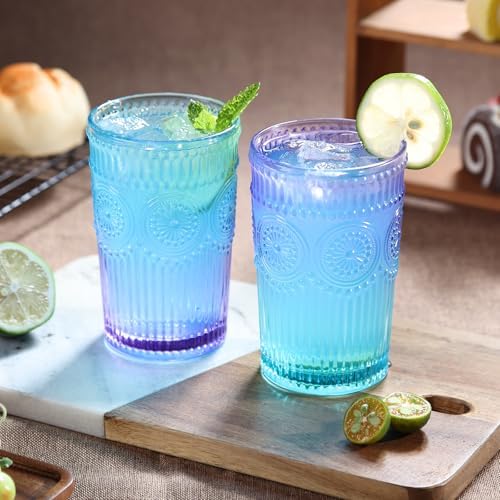 6pcs Vintage Drinking Glasses Set, 12 oz Glass Cups, Embossed Ribbed Glassware Water Tumblers for Cocktail, Water, Juice, Beer, Coffee, Whiskey