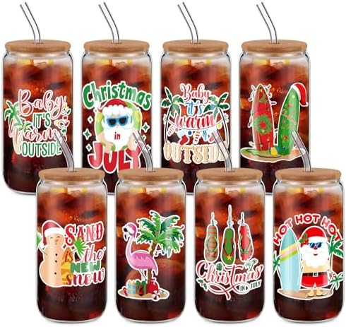 Sliner 8 Pcs 18oz Christmas in July Mason Jar Cups Summer Christmas Gift Mug with Lid and Straw Yulefest Tumbler Glasses Coffee Cups Jar Water Glassware Home Yuletide Decorations Gift for Women Men