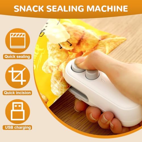 2-in-1 Mini Bag Sealer & Cutter, Rechargeable Portable Snack Bag Heat Sealing Machine with Magnet, Handheld Resealer for Food Storage - 2 Pack (White)