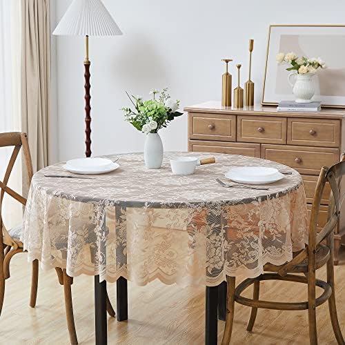 Warm Home Designs 60 Inch Round Tablecloth with English Rose Design. Use as Circle Tablecloth, Rustic Tablecloth or as Elegant Lace Table Cloth. Linen Gold Table Clothes for 6 Guests. LTC Linen 60"