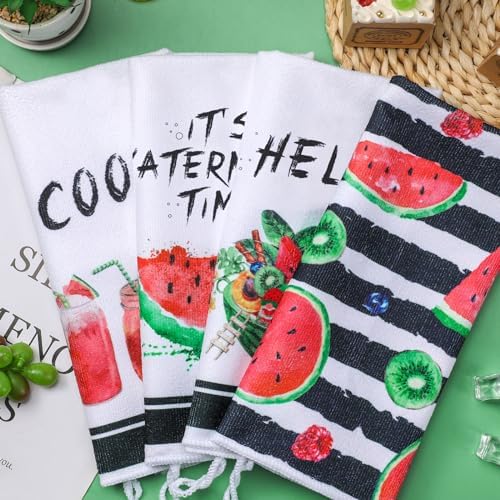 Honoson 4 Pieces Watermelon Kitchen Towels Summer Farmhouse Decorative Dish Towel Watermelon Absorbent Plaid Tea Washcloths for Summer Kitchen Cooking Home Cleaning Decor