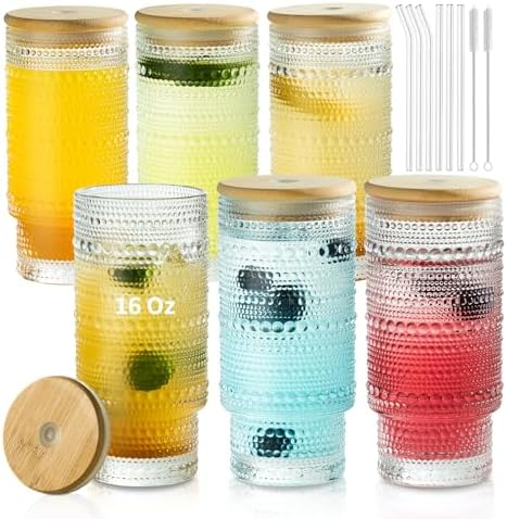 KEMORELA Set of 6 Hobnail Drinking Glasses with Cool Glassware Lid and Straw, 16oz XL Highball Bubble Cocktail, Old Fashioned Beverage Glasses, Romantic Water Glasses for Juice