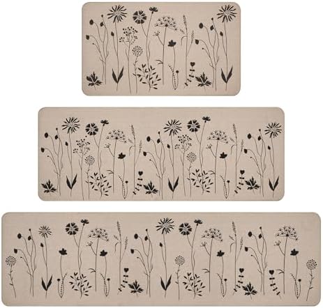 Rempry 3 PCS Kitchen Rugs Set, Flowers Non Slip Kitchen Mats for Floor, Waterproof Kitchen Rug for Laundry Room, Kithcen, 17"x47"+17"x30"+17"x59"