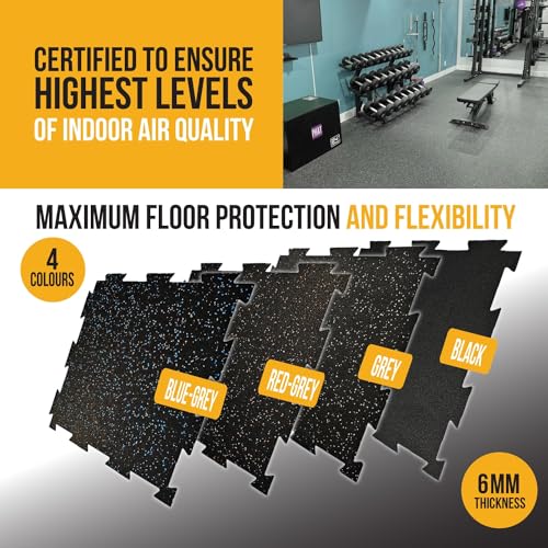 Rubber King 10 Piece Interlocking Tiles 19" x 19" x 6mm - 100% Recycled Rubber Gym Floor Tiles, Exercise Mat for Home Gym, Anti-Slip Low-Odor Interlocking Puzzle Floor Tiles - 23.5sq ft - Black