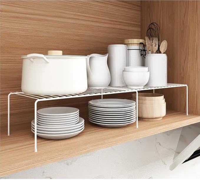 iPEGTOP Set of 2 Expandable Kitchen Cupboard Organiser, 4-Piece Adjustable Freezer Cabinet Storage Wire Shelf Rack Rustproof Metal Shelves Space Saver for Countertop Pantry Drawer Utensils (White)