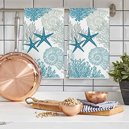Ocean Theme Kitchen Dish Towel Beach Seashell Coral Starfish Hand Dying Towel Sea Creature Tea for Cooking Baking Kitchen Accessories, Set of 2, 18 x 28 Inch
