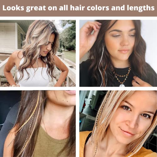 Natural Hair Feathers, Real Long Feather Hair Extensions with bead loop kit, 20 Long Thin Tie Dye Ginger Brown and Black and White grizzly striped Ombre Bayalage Plumes