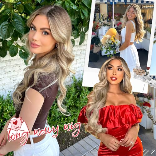 Ombre Blonde Wig for Women Long Wavy 4x1 Lace Natural Hairline Glueless for Beginners Middle Part Synthetic for Daily Party Use 26Inch
