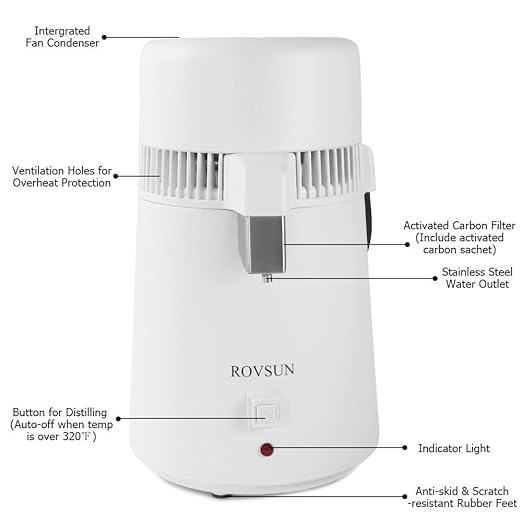ROVSUN【Upgraded】1.1 Gallon/4L Water Distiller w/Flame-Retardant Material, BPA-Free Container & Stainless Steel Interior for Home, Distilled Water Machine Countertop, Distilling Pure Water Maker, 750W