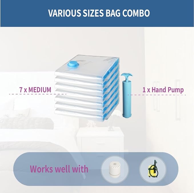 7 Pack Medium Space Saver Vacuum Storage Bags for Clothing Travel, Vacuum Seal Compression Bags for Clothes, Packing, Luggage, Blankets, Comforters and Pillows, Hand Pump Included