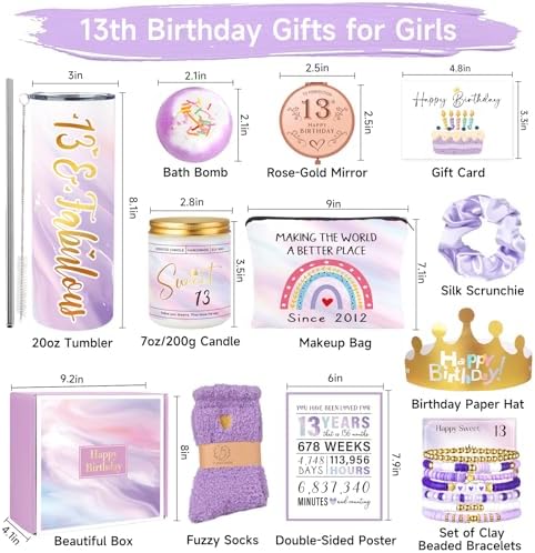 13th Birthday Gifts for Girls, Gifts for 13 Year Old Birthday Girl, 11PCS Unique 13th Birthday Gifts Ideas for Her, Daughter, 13 Fabulous Gifts, 13th Birthday Decorations for Girls, 13th Purple Gifts