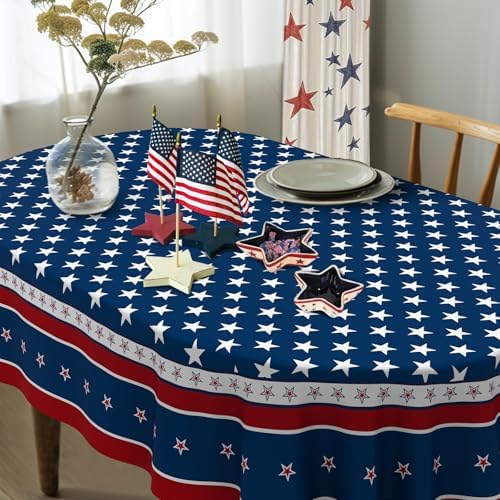 Fourth of July Oval Tablecloth Memorial Day Patriotic Table Cloth American Flag, Stars Table Cloths for Indoor and Outdoor Kitchen Dining-60 x84