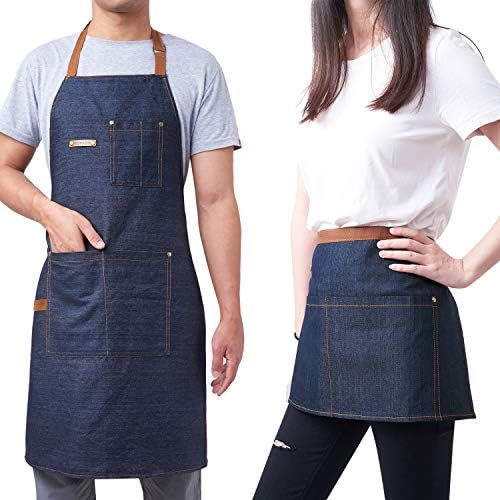 KPD Denim Apron With Pockets - Adjustable Blue for Kitchen, BBQ, and Garden - Work Apron for Men and Women