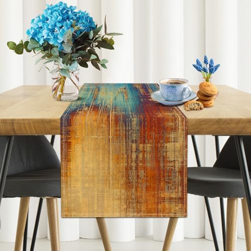 Burnt Orange Farmhouse Table Runner Vintage Abstract Blue and Orange Table Runner Messy Rust Painting Coffee Table Runners for Kitchen Dining Table Home Decor 71in