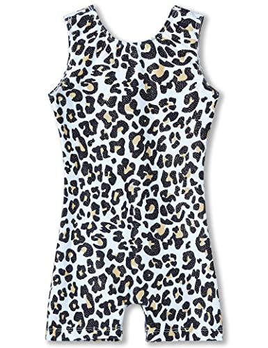 TENVDA Girls Gymnastics Leotards Size 5 6 Years Old Brown Sparkle Leopard Printed Sleeveless Tank Biketards Dance Cheer Class Tumbling Practice
