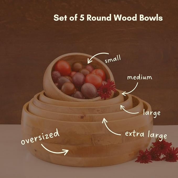 Small Salad Bowl, 11" Wide, Kitchen Countertop Fruit Bowl, Mixing, Serving, Farmhouse Style, Mango Wood, Round, Dining & Entertaining, Serves 2-3