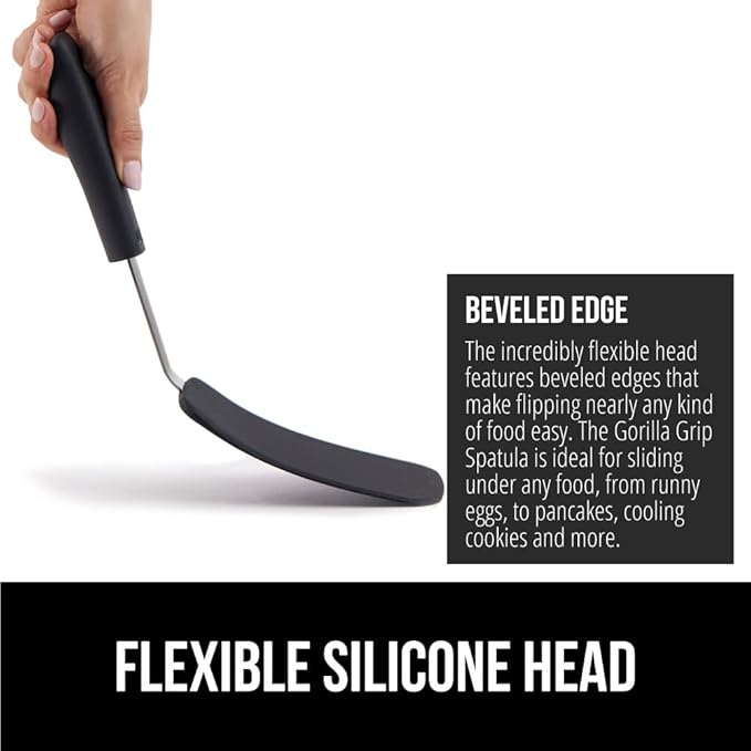 GORILLA GRIP Patented BPA-Free Non-Scratch Spatula, 2 Pack, Heat Resistant Flexible Silicone Head for Nonstick Cooking Pans, Soft Rubber Handle, Kitchen Spatulas for Flipping Eggs, Pancakes, Black