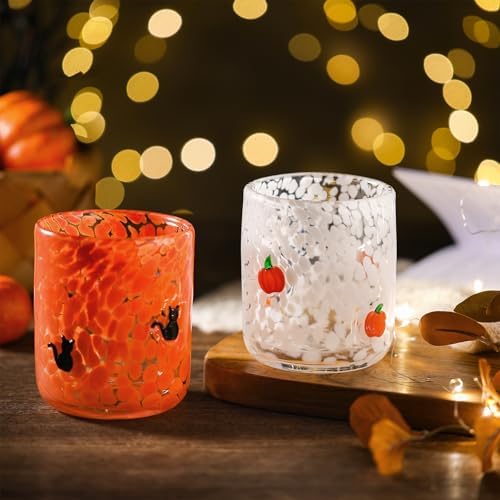 Skylety 2 Pcs Halloween Icon Juice Glasses - Orange Pumpkin & Black Cat Icon Stemless Coffee Cocktail Glassware Cup for Halloween Fall Thanksgiving Party Gift