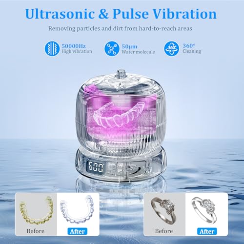 Ultrasonic Retainer Cleaner Machine, 50kHz Ultrasonic Denture Cleaner with Durable Removable Base&4 Modes Digital Timer, Dental Cleaning Pod for Mouth Guard, Braces, Jewelry, Aligner, Toothbrush