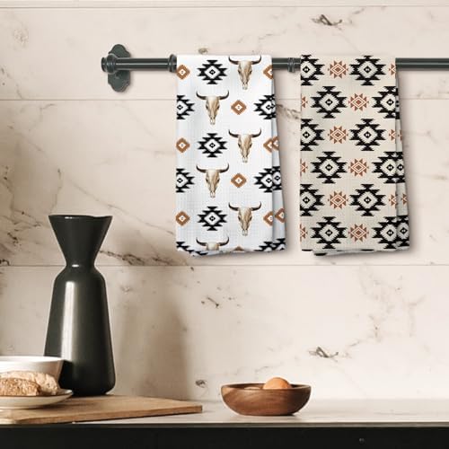 Boho Western Kitchen Towels, Retro Bull Skull Hand Towels, Trendy Vintage Skull Cow Head Dish Towels Dishcloths Tea Towels for Kitchen, Aztec Longhorn Preppy Kitchen Bath Decor Set of 2, 16x24in