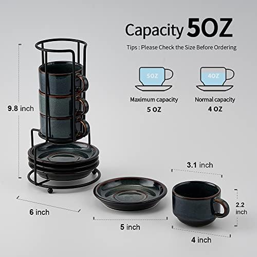 JIEMEI HOME Porcelain Stackable Espresso Cups with Saucers and Metal Stand, 4 Ounce Demitasse Cups for Specialty Coffee Drinks, Latte, Tea Set of 4, Stackable Espresso Mugs, Green & Blue
