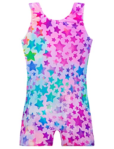 TENVDA Biketards for Girls Gymnastics Leotards with Shorts Size 6-7 Years Old Sparkly Purple Stripe Printed Tank Unitard