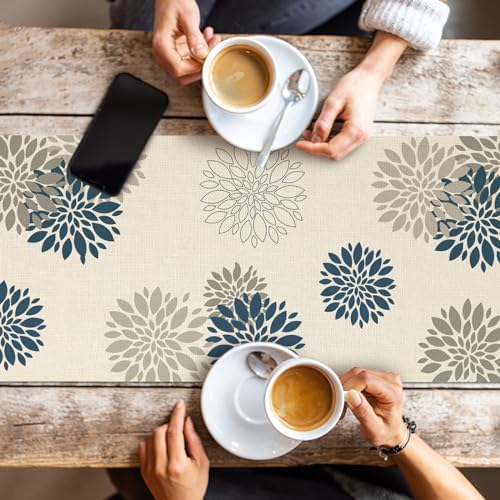 Blue Gray Table Runner Dahlia Pinnata Flower Table Runners Modern Elegant Pompon Farmhouse Geometric Table Center Decor for Home Dining Party Entrance (13x72 Inch)