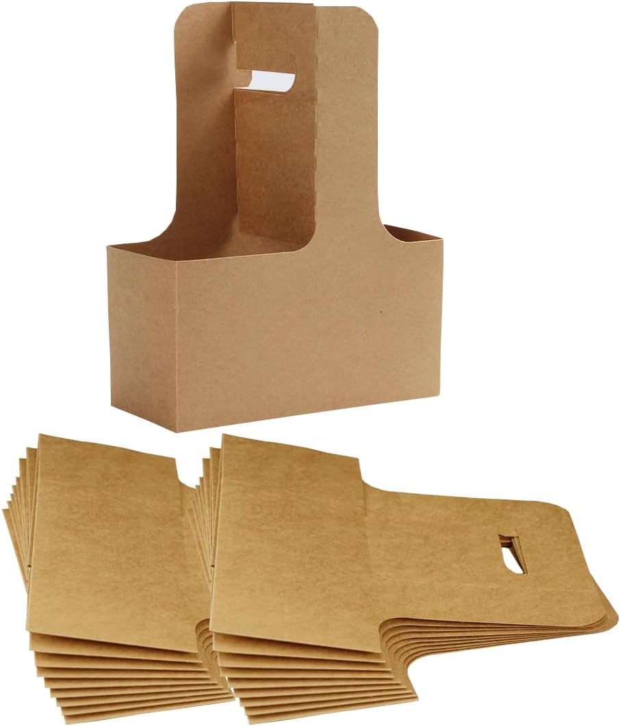 2-Cup Drink Carrier with Handle Kraft Paperboard Handled Coffee Cup Holder Take Out Cup Cup Carriers 20 Count